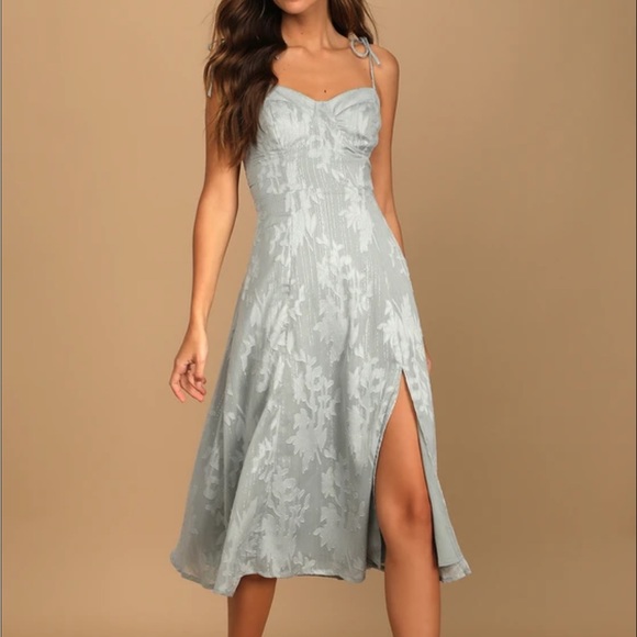 Lulus Dresses & Skirts - Lulu’s Loveliest Looks Dusty Blue Floral Jacquard Tie-Strap Midi Dress